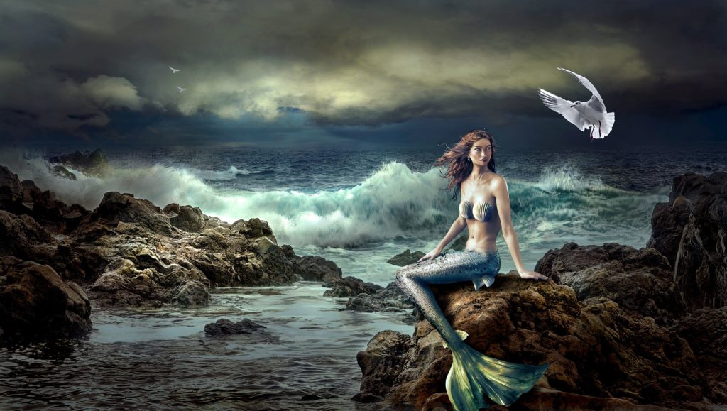 siren on rocks with waves crashing and white dove flying