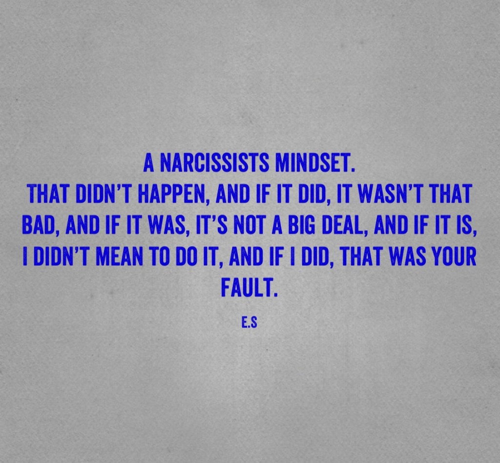 Blue text on grey background: A narcissist's mindset. That didn't happen, and if it did, it wasn't that bad, and if it was, it's not a big deal, and it if is, I didn't mean to do it, and if I did, that was your fault.